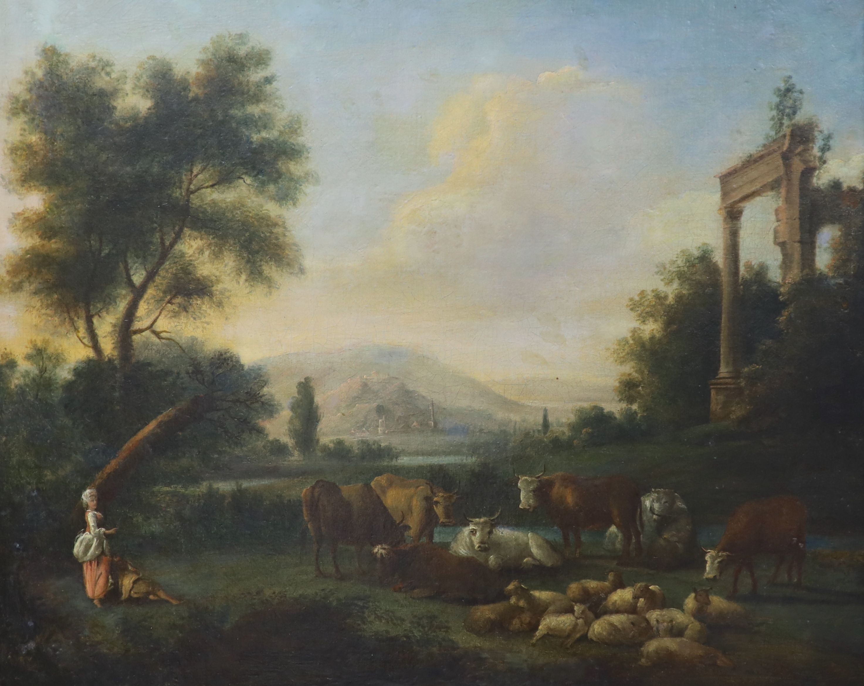 Early 19th century Continental School, oil on canvas, Cattle drover and shepherdess at rest in a classical landscape, 60 x 73cm
